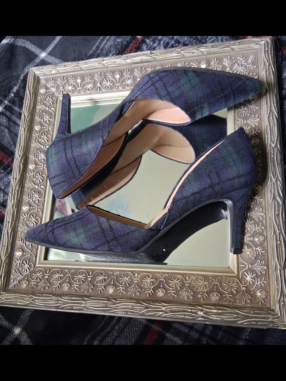 Bandolino Navy and Dark Green Plaid Pointed D'Orsay Flats - Picture 3 of 5